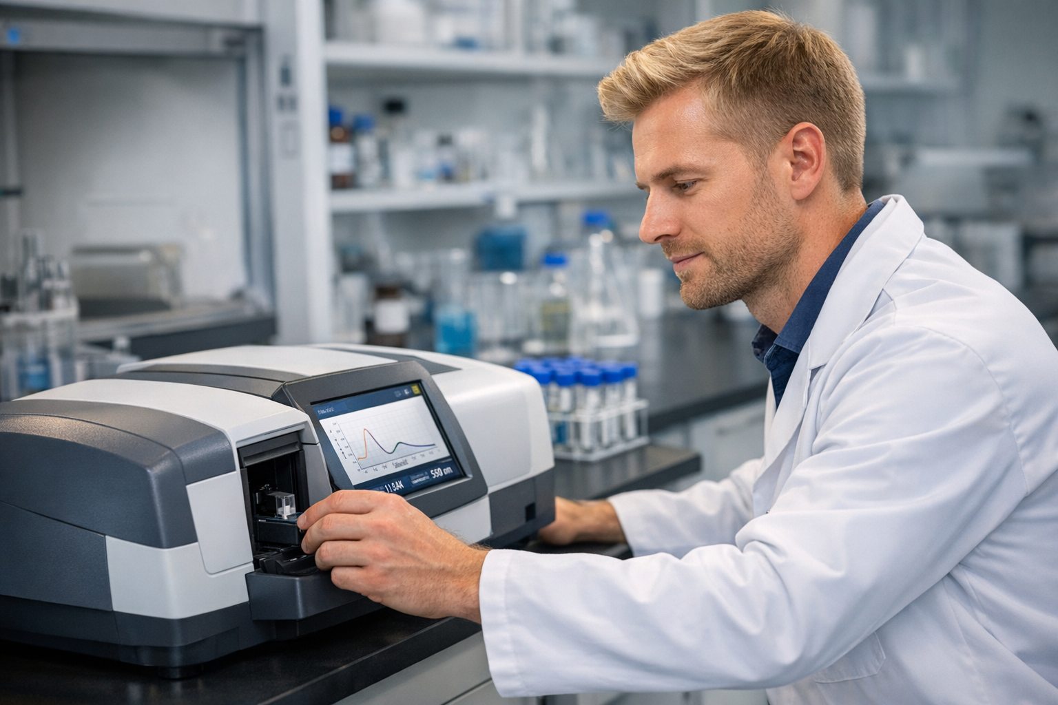 Cientista loiro operando Especrofotometro